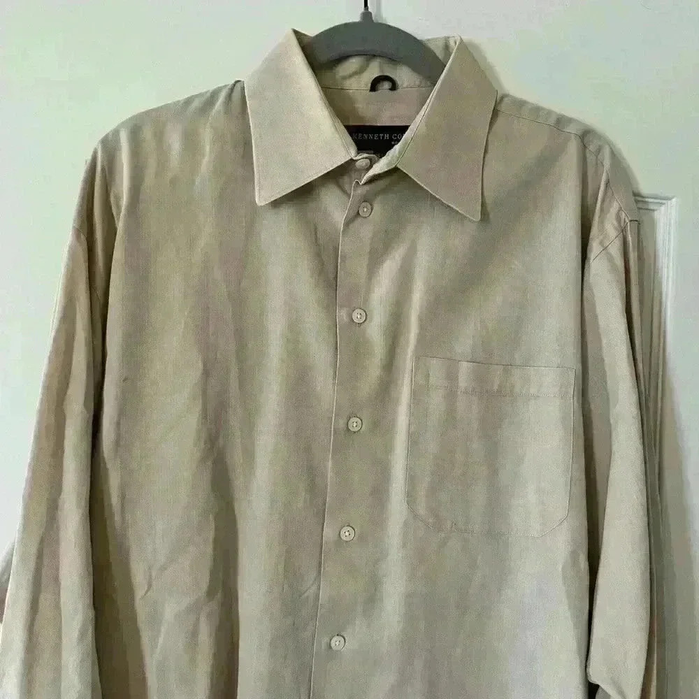 Kenneth Cole SZ 16 1/2 Button Down Dress Shirt Beige - Picture 2 of 6